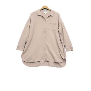 J Jill Top Button Front Tunic Size 1X Gauzy Cotton Beachy Lagenlook Pink Long Sl